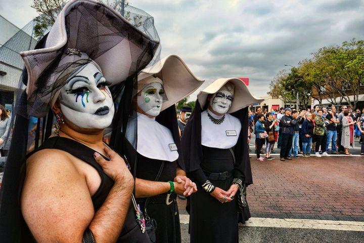 The Sisters of Perpetual Indulgence show their support during the Pride parade in West Hollywood in 2016. The Los Angeles Dodgers have reinvited the satirical LGBTQ+ group, which will receive an award at the team's annual Pride Night on June 16, nearly a week after rescinding an initial invitation.
