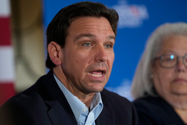 Florida Gov. Ron DeSantis speaks at a political roundtable on May 19 in Bedford, New Hampshire.