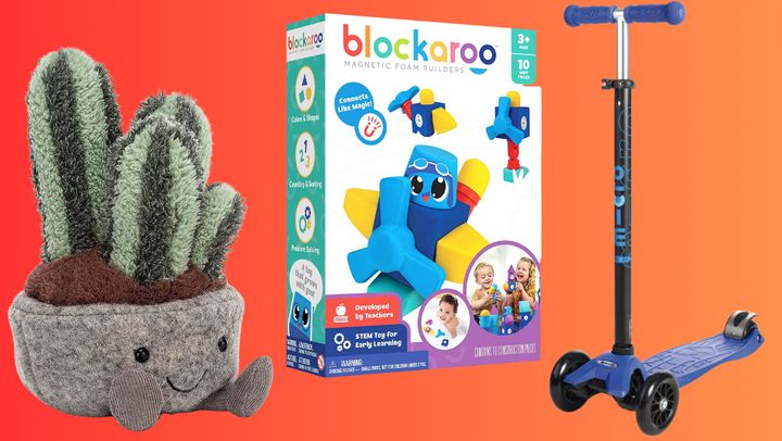 A Jelly Cat stuffed animal, Blockaroos and a Micro Kickboard scooter.