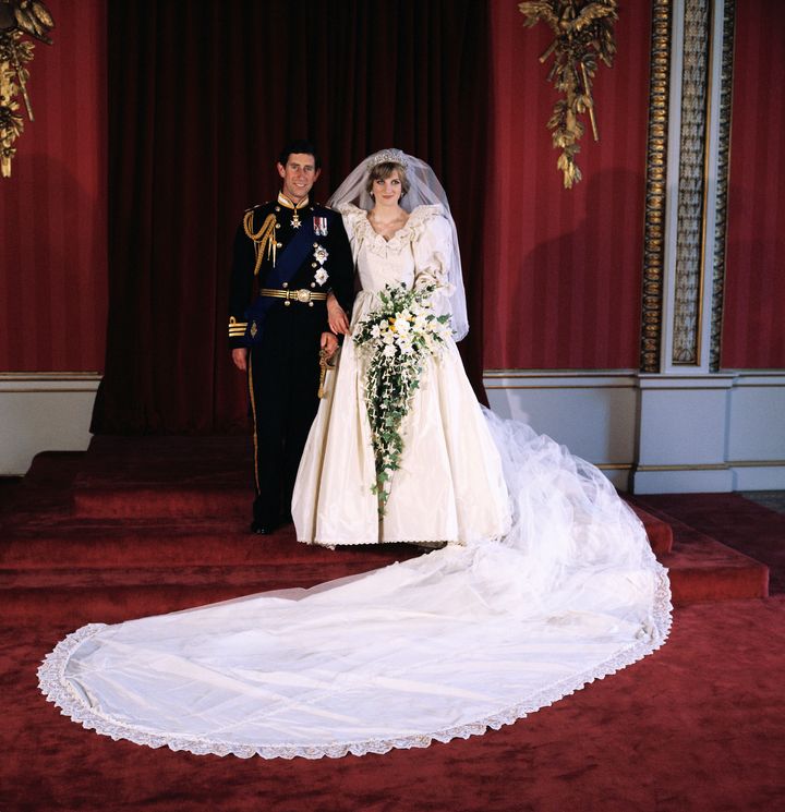 Diana, Princess of Wales, and Prince Charles pose for the official photograph by Lord Lichfield in Buckingham Palace on their wedding day, July 29, 1981.