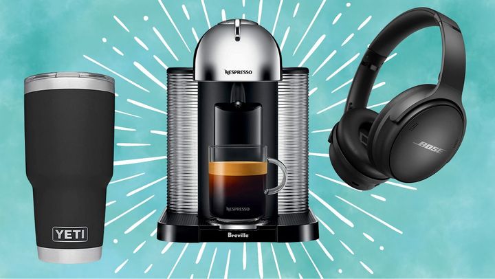 A 30-ounce Yeti tumbler, Nespresso Vertuo coffee and espresso machine and a pair of Bose noise cancelling headphones.
