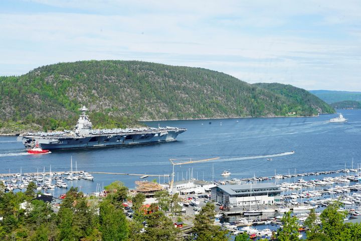 The U.S. aircraft carrier USS Gerald R. Ford on its way into the Oslo Fjord, at Drobak, Moss, Norway, May 24, 2023. Terje Pedersen/NTB/via REUTERS ATTENTION EDITORS - THIS IMAGE WAS PROVIDED BY A THIRD PARTY. NORWAY OUT. NO COMMERCIAL OR EDITORIAL SALES IN NORWAY. REFILE - CORRECTING LOCATION