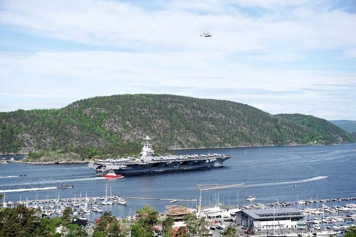 The U.S. aircraft carrier USS Gerald R. Ford on its way into the Oslo Fjord, at Drobak, Moss, Norway, May 24, 2023. Stian Lysberg Solum/NTB/via REUTERS