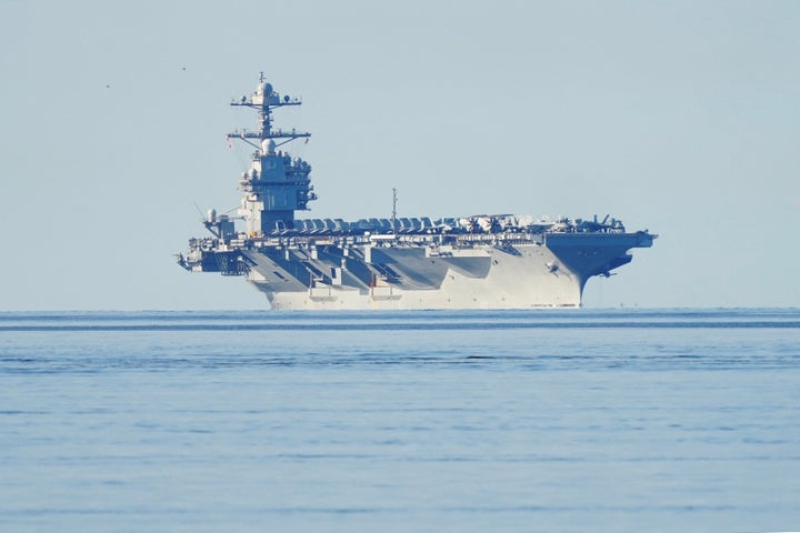 The U.S. aircraft carrier USS Gerald R. Ford on its way into the Oslo Fjord, at Jeloya, Moss, Norway, May 24, 2023. Terje Pedersen/NTB/via REUTERS ATTENTION EDITORS - THIS IMAGE WAS PROVIDED BY A THIRD PARTY. NORWAY OUT. NO COMMERCIAL OR EDITORIAL SALES IN NORWAY.