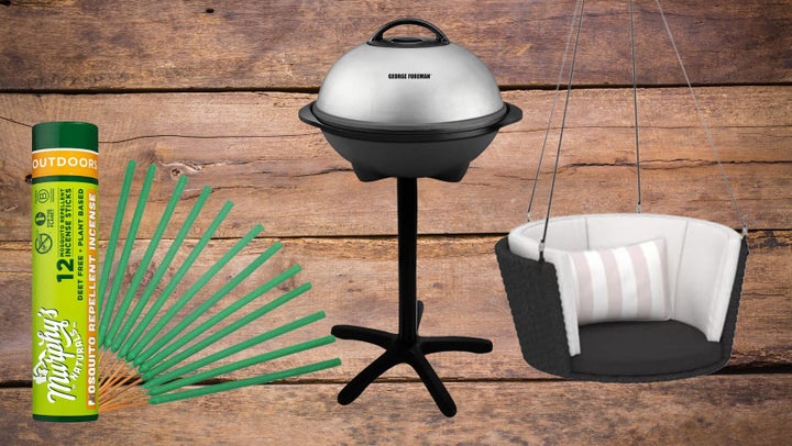 Insect repellent incense stick, a George Foreman electric grill and an outdoor hanging chair.