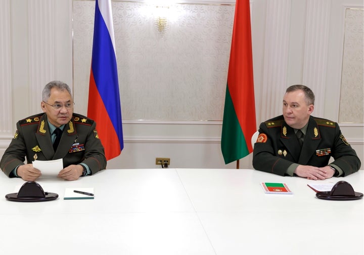 Russian Defense Minister Sergei Shoigu, left, and Belarusian Defense Minister Viktor Khrenin speak to the media after a session of the Council of Defense Ministers of the Collective Security Treaty Organization (CSTO) in Minsk, Belarus, on May 25, 2023.