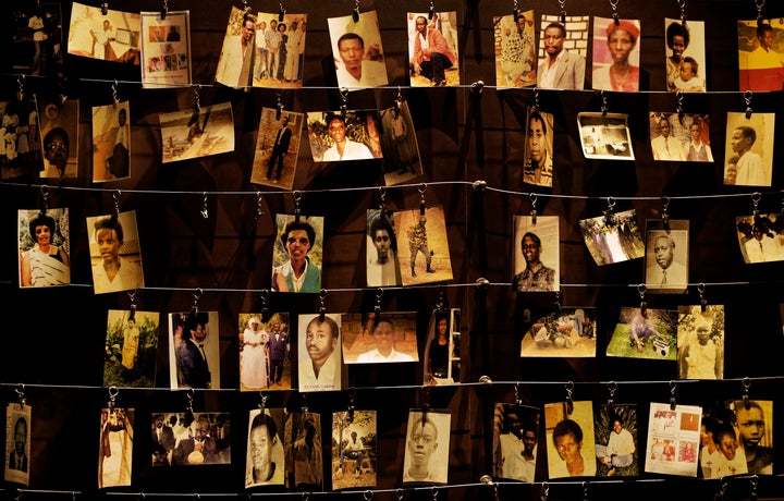 Family photographs of some genocide victims are shown in an exhibition in Kigali, Rwanda.