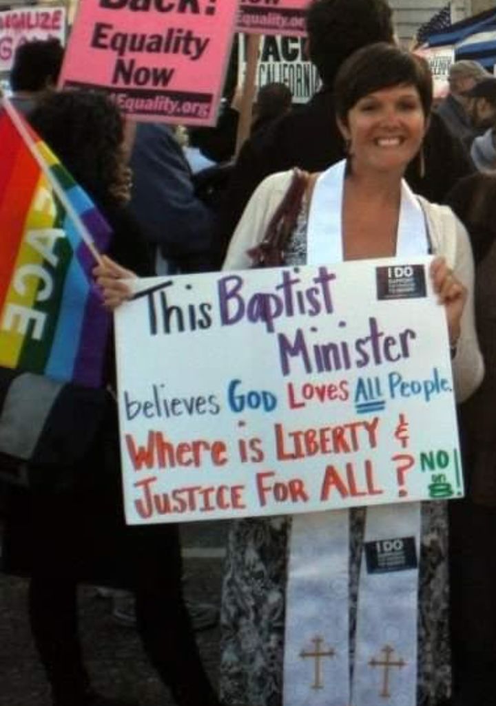 The author, here "20-something," at a Prop 8 protest at San Francisco City Hall during her Ph.D. program. "I was a pastor at the time," she writes.