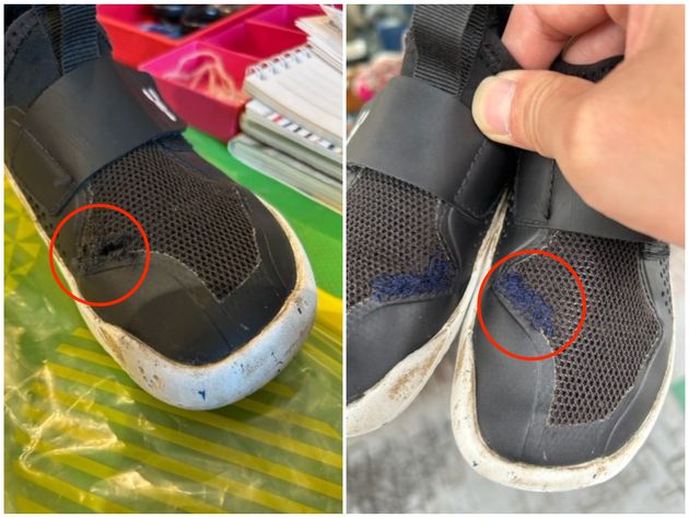 （左）リペア前：靴には穴が空いている（右）リペア後：ダーニングで穴が埋まった