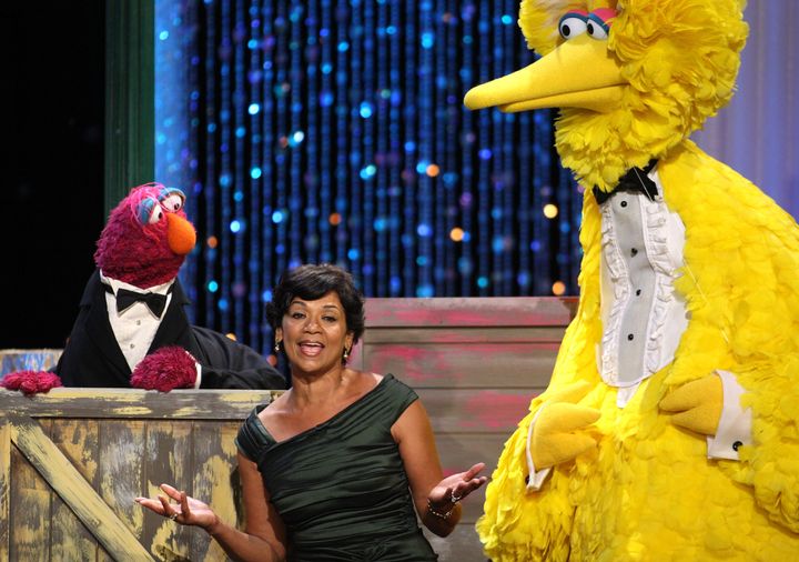The author performing with Big Bird and other Muppets during the 36th Annual Daytime Emmy Awards in 2009.