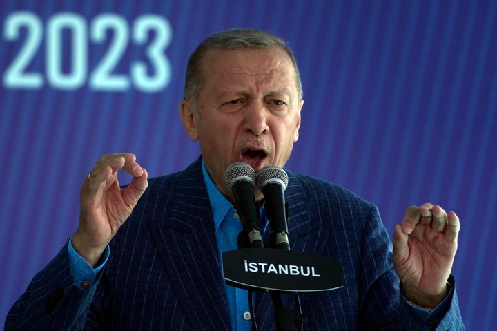 Turkish President Recep Tayyip Erdogan speaks during an election campaign rally in Istanbul, Turkey, Saturday, May 27, 2023. (AP Photo/Khalil Hamra)
