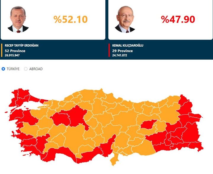 O εκλογικός χάρτης της Τουρκίας. Με κόκκινο χρώμα οι επαρχίες όπου επκκρατεί ο Κιλιτσντάρογλου, με κίτρινο αυτές όπου νικά ο Ερντογάν
