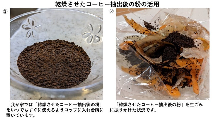 乾燥させたコーヒー抽出後の粉の活用