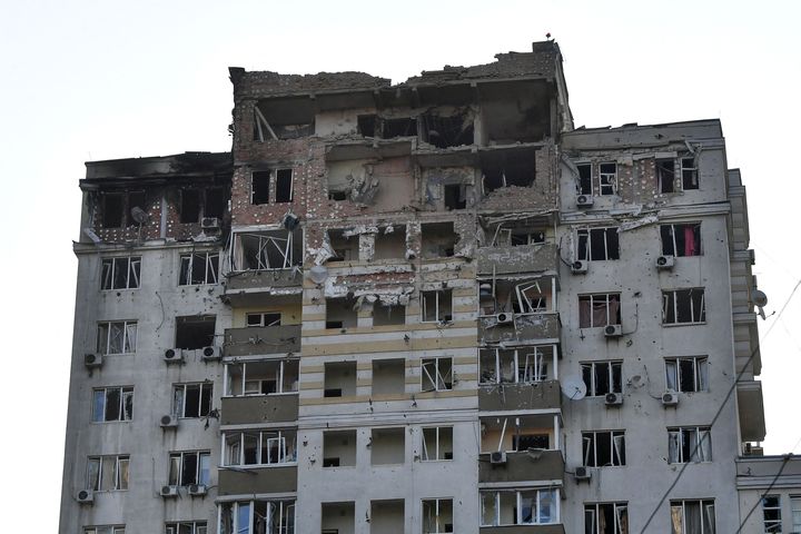 A multi-storey residential building, partially destroyed after night drone attacks in Kyiv on May 30, 2023. 