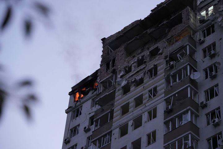 A multi-story apartment building which was damaged during a Russian attack in Kyiv, Ukraine.