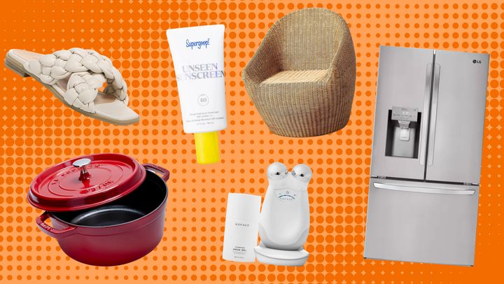 A Vionic slide sandal, Supergoop sunscreen from Dermstore, a Target wicker chair, LG refrigerator available at Home Depot, NuFace facial device and Staub Dutch oven from Sur La Table