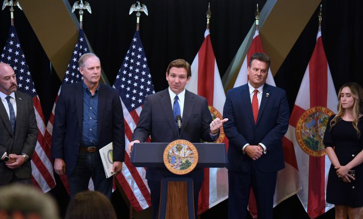 Florida Gov. Ron DeSantis (R) holds a press conference at the Reedy Creek Administration Building in Lake Buena Vista.