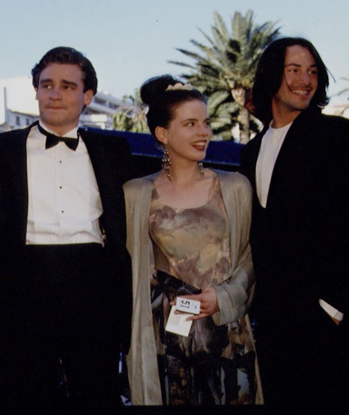 Robert Sean Leonard (left), Kate Beckinsale and Keanu Reeves astatine  the 1993 Cannes Film Festival.