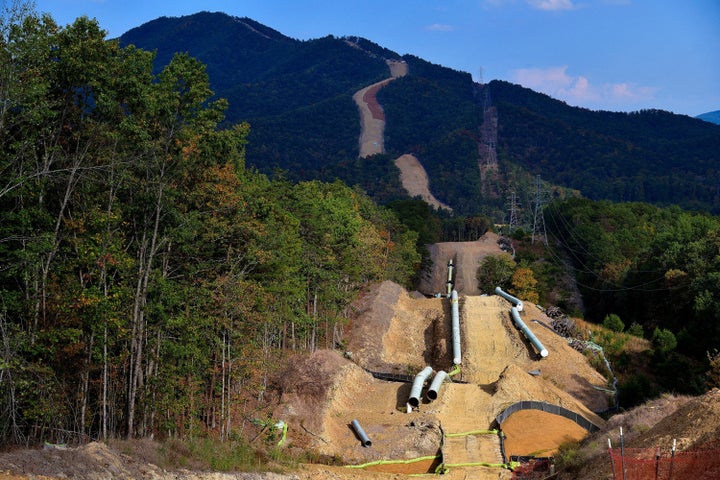 Lengths of pipe wait to be laid in the ground along the under-construction Mountain Valley Pipeline near Elliston, Virginia, on Sept. 29, 2019.