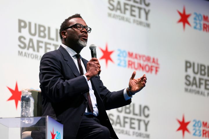 Chicago mayoral candidate Brandon Johnson participates in a public safety forum on March 14.