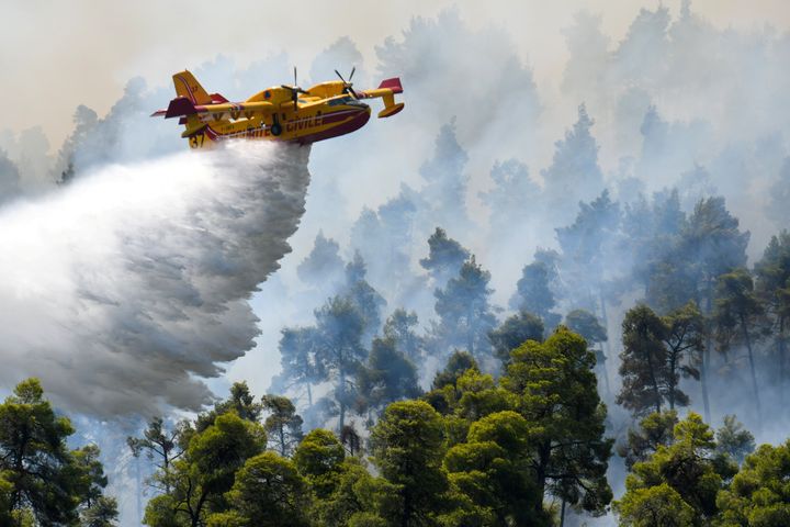 Πυροσβεστικό αεροπλάνο κάνει ρίψη νερού καθώς καίγεται πυρκαγιά κοντά στο χωριό Ελληνικά, στο νησί της Εύβοιας, Ελλάδα, 8 Αυγούστου 2021. REUTERS/Αλέξανδρος Αβραμίδης