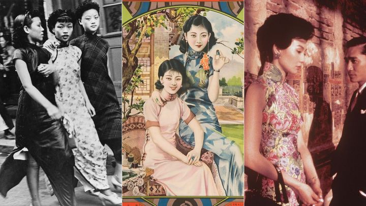 A photo and an illustration of women in traditional qipao dresses. To the right, Maggie Cheung wears one in Wong Kar Wai’s classic “In The Mood For Love.”