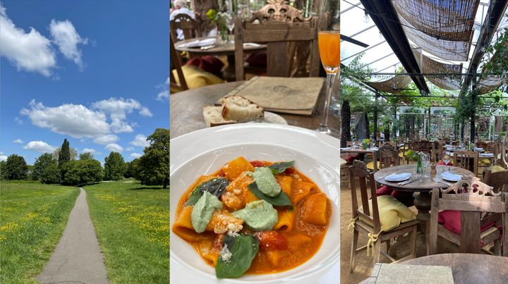 From left: The path to Petersham Nurseries, paccheri with seasonal ingredients, and dining room views.