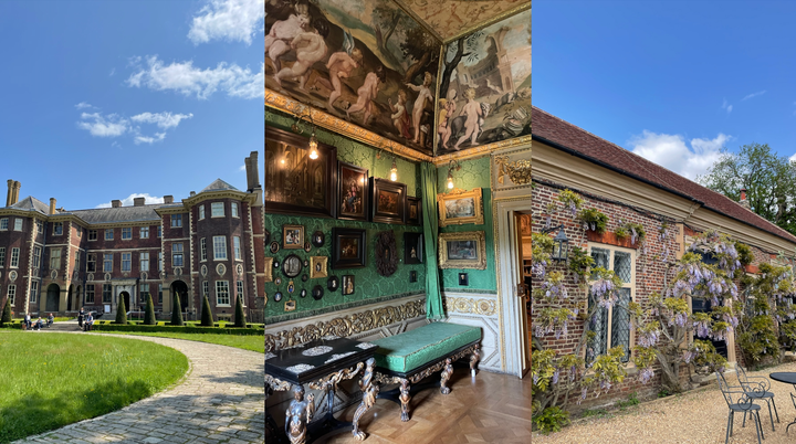 From left: Ham House's exterior, an interior room, and the picturesque café.