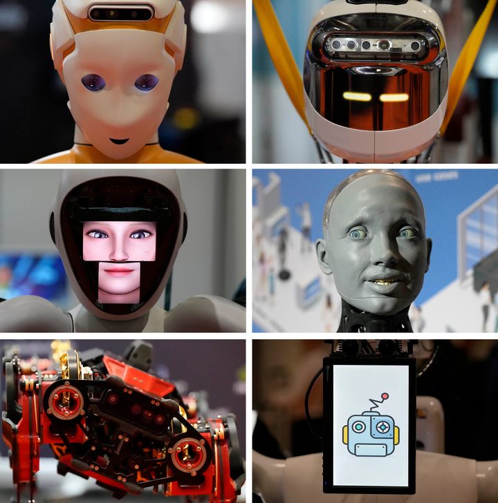 Η συνδυαστική φωτογραφία δείχνει πρόσωπα ρομπότ με τεχνητή νοημοσύνη κατά τη διάρκεια της Διεθνούς Διάσκεψης Ρομποτικής και Αυτοματισμού ICRA στο Λονδίνο, Τρίτη 30 Μαΐου 2023. Η ICRA 2023 συγκεντρώνει κορυφαίους ακαδημαϊκούς, ερευνητές και εκπροσώπους του κλάδου για να δείξει τις νεότερες εξελίξεις. (AP Photo/Frank Augstein)
