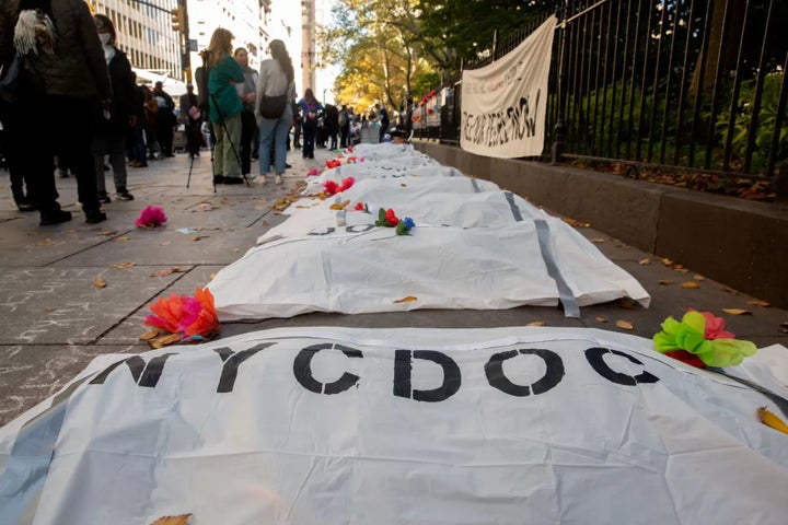 Advocates for criminal justice reform held a protest outside City Hall against deaths on Rikers Island, Nov. 3, 2022.