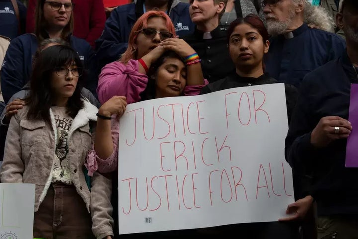 At City Hall, supporters and the family of Erick Tavira protested his death on Rikers Island, Oct. 25, 2022.