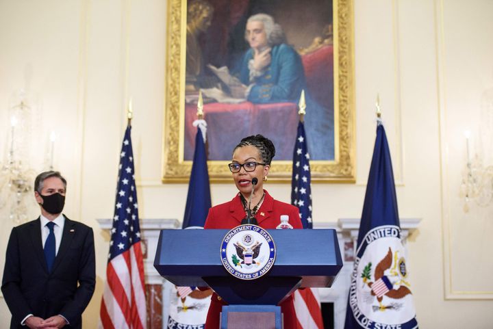 Former Ambassador Gina Abercrombie-Winstanley speaks after U.S. Secretary of State Antony Blinken (left) announced that she would be the first chief diversity officer of the State Department on April 12, 2021.