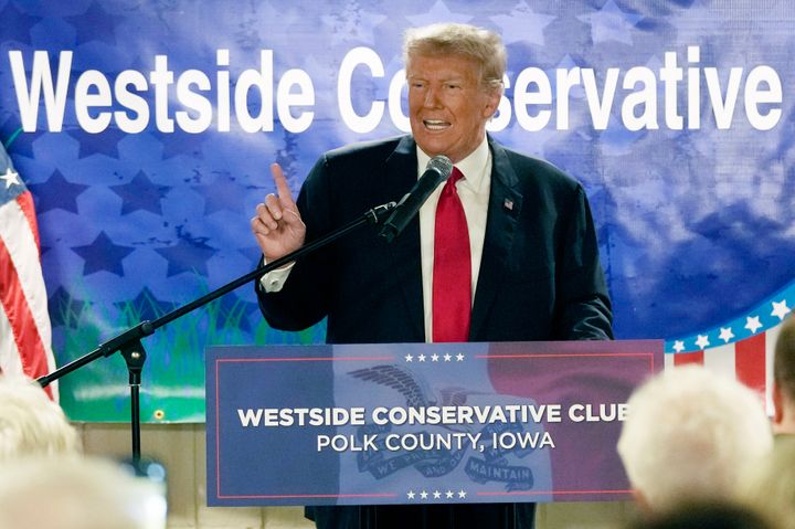 Former President Donald Trump speaks at the Westside Conservative Breakfast on Thursday in Urbandale, Iowa.