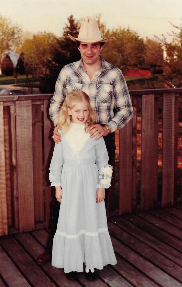 The author, at age 8, and her father, pictured on the family deck, on their way to their second annual "Pop Hop."