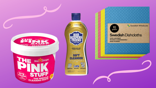 A jar of The Pink Stuff, Bar Keeper's Friend soft cleanser and a pack of Swedish dishcloths