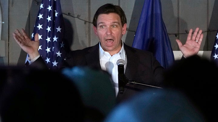 Republican presidential candidate Florida Gov. Ron DeSantis speaks during a campaign event on Thursday in Salem, New Hampshire.