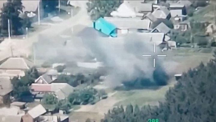 A still image from a drone footage released by Freedom of Russia Legion shows, what they claim, is a destruction of Russian military targets, Belgorod Region, on June 1.