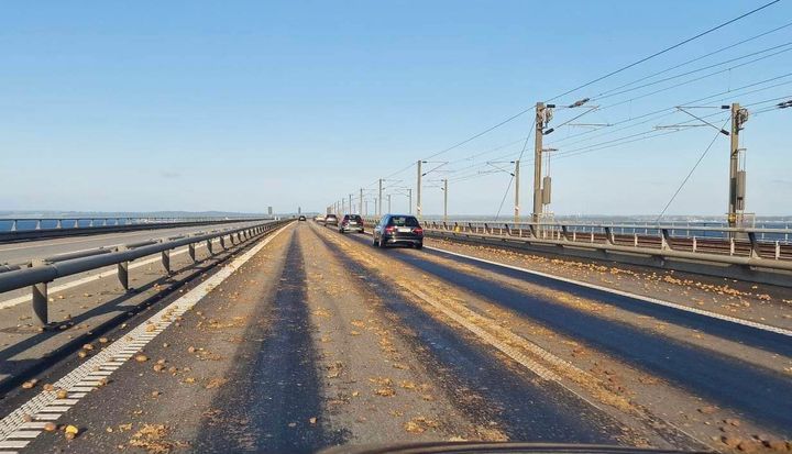 All mashed-up: Potatoes are seen scattered across the carriageway on the western part of the Great Belt Bridge, Denmark, Thursday, June 1, 2023.