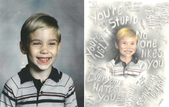 A self-portrait by Michael Tisius (right), based on an image of him as a child (left).