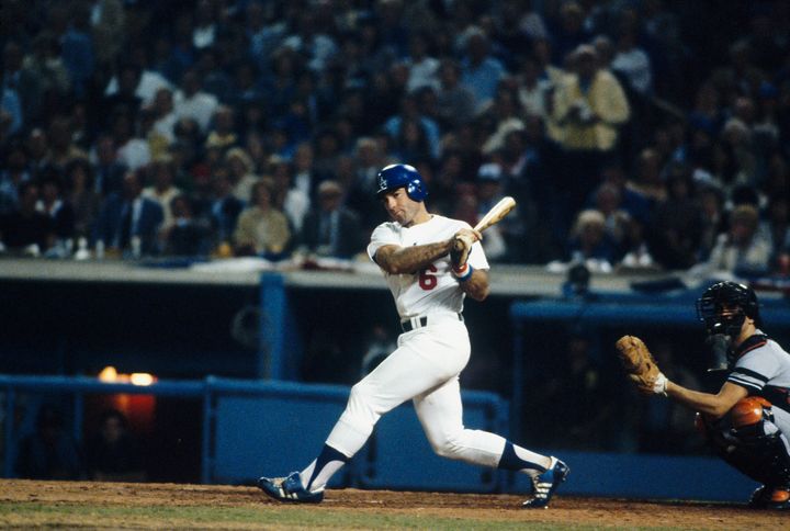 Steve Garvey of the Los Angeles Dodgers bats against the New York Yankees during the World Series at Dodger Stadium in 1981.