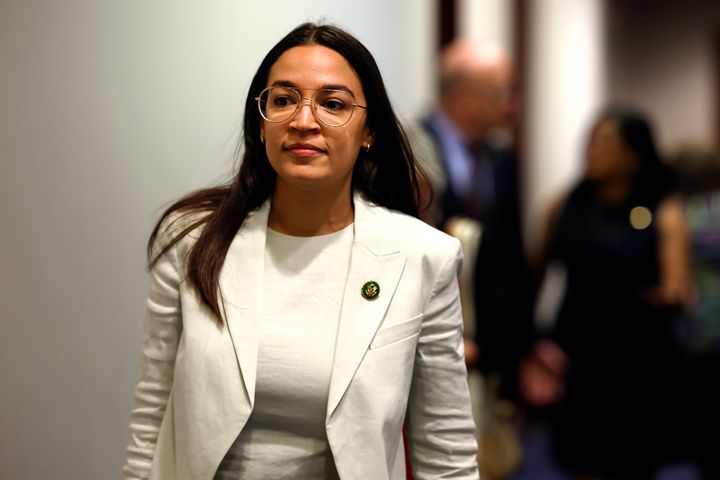 Representative Alexandria Ocasio-Cortez (D-NY) arrives for a House Democrat caucus meeting at the US Capitol on May 31, 2023 in Washington, DC. 