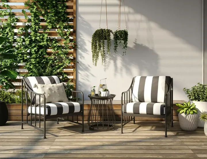 Better Homes & Gardens Aubrey patio set in black and white stripes.