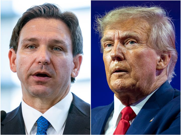 A composite image showing Florida Gov. Ron DeSantis (left) and former President Donald Trump.