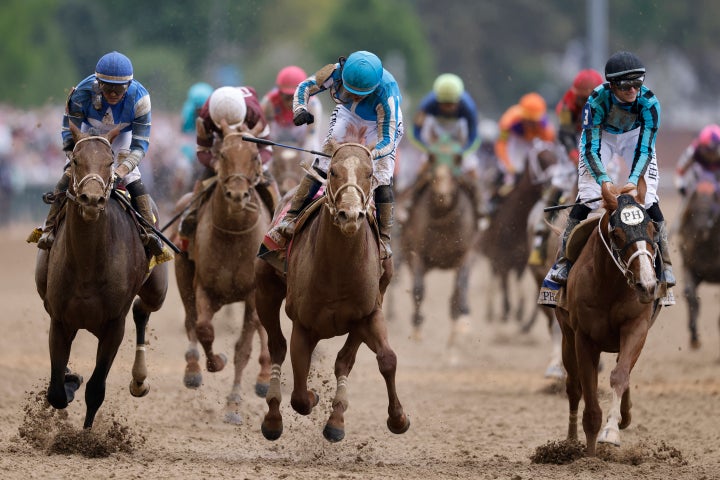 Jockey Javier Castellano rides Mage #8 to a win in the 149th running of the Kentucky Derby at Churchill Downs on May 6, 2023, in Louisville, Kentucky.