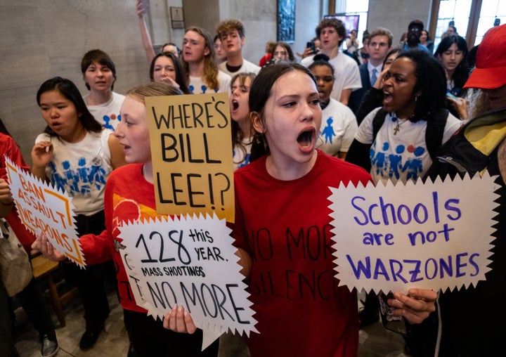 NASHVILLE, TN - APRIL 06: Protesters gather at the Tennessee State Capitol building to call for gun reform laws and show support for the three Democratic representatives who are facing expulsion on April 6, 2023 in Nashville, Tennessee. Democratic Reps. Justin Pearson of Memphis, Justin Jones of Nashville, and Gloria Johnson of Knoxville face expulsion from the state legislature after they led a protest at the Capitol in the wake of a mass shooting where three students and three adults were killed on March 27 at the Covenant School in Nashville. (Photo by Seth Herald/Getty Images)