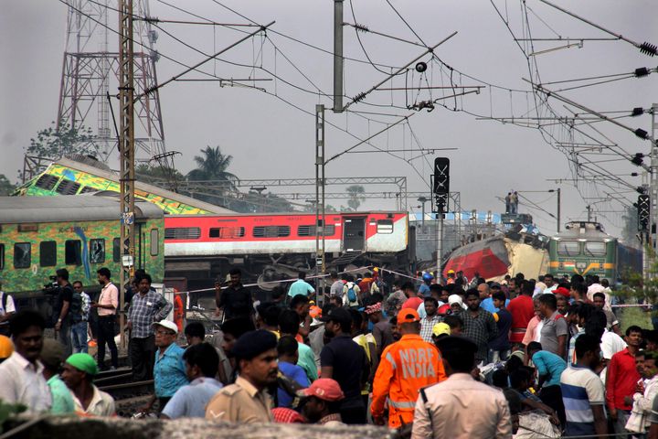 Rescuers work at the site of passenger trains accident, in Balasore district, in the eastern Indian state of Orissa, Saturday, June 3, 2023. Rescuers are wading through piles of debris and wreckage to pull out bodies and free people after two passenger trains derailed in India, killing more than 280 people. Hundreds of others were trapped inside more than a dozen mangled rail cars, in one of the country's deadliest train crashes in decades. (AP Photo)