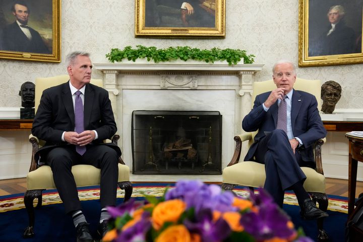President Joe Biden meets with House Speaker Kevin McCarthy of Calif., to discuss the debt limit in the Oval Office of the White House, Monday, May 22, 2023, in Washington. (AP Photo/Alex Brandon)