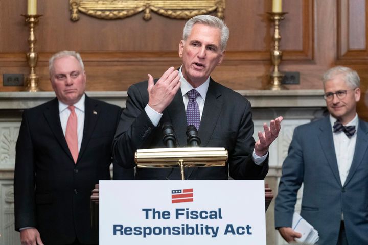 House Speaker Kevin McCarthy of R-Calif., speaks as House Minority Whip Rep. Steve Scalise, R.La., left, and Rep. Patrick McHenry, R-N.C., listen at a news conference after the House passed the debt ceiling bill at the Capitol in Washington, Wednesday, May 31, 2023. (AP Photo/Jose Luis Magana)