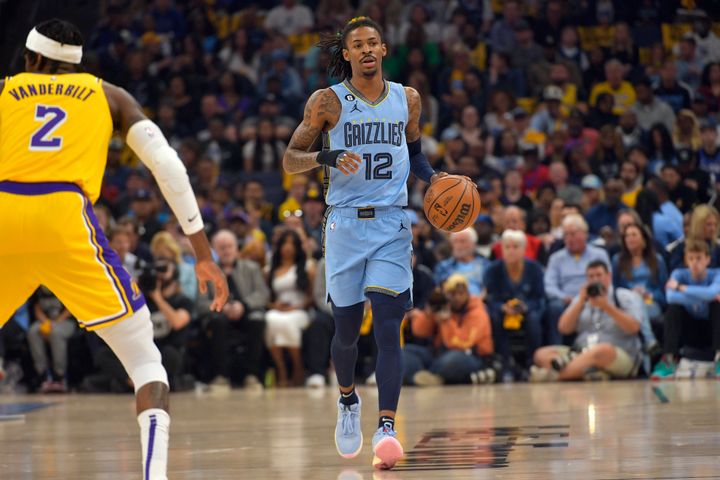 Memphis Grizzlies point guard Ja Morant in an NBA playoff game against the Los Angeles Lakers on April 26, 2023, in Memphis, Tennessee.