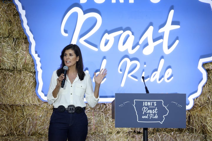 DES MOINES, IOWA - JUNE 03: Republican presidential candidate former UN Ambassador Nikki Haley speaks to guests during the Joni Ernst's Roast and Ride event on June 03, 2023 in Des Moines, Iowa. The annual event helps to raise money for veteran charities and highlights Republican candidates and platforms. (Photo by Scott Olson/Getty Images)